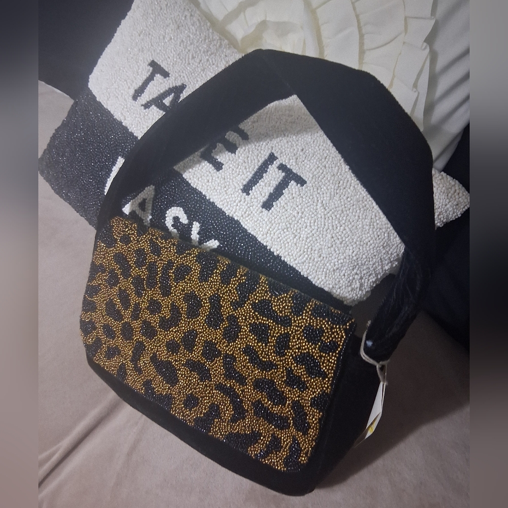 Nwt A New Day Leopard Bead-Embellished Shoulder Bag - Black & Gold